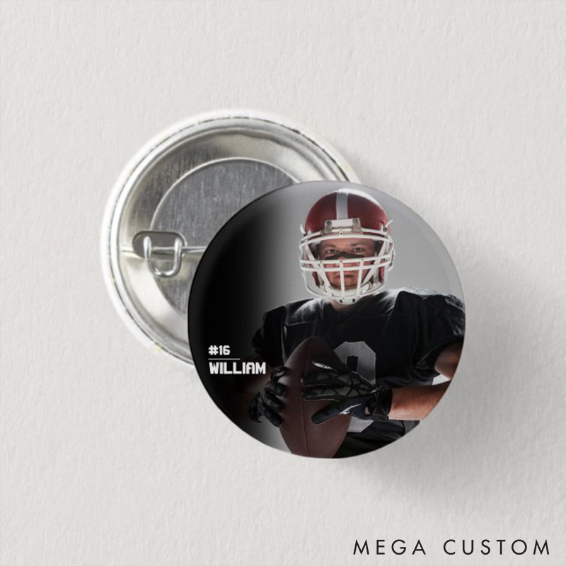 Personalized American Football Button Pin with Custom Player's Name, Number and Photo