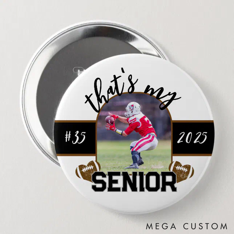 Personalized American Football Button Pin with Custom Player's Number, Year and Photo