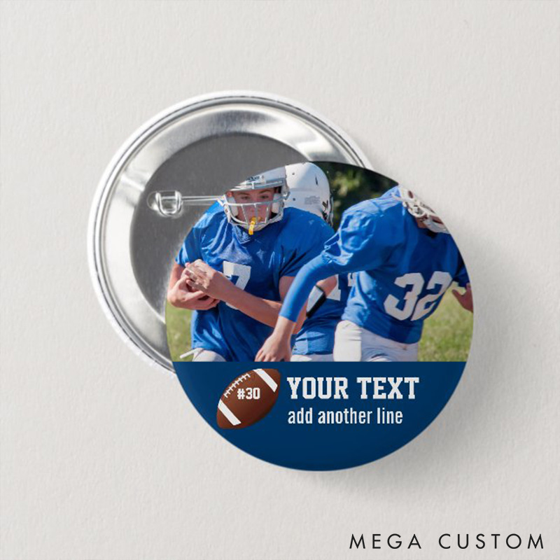 Personalized American Football Button Pin with Custom Player's Number, Text and Photo