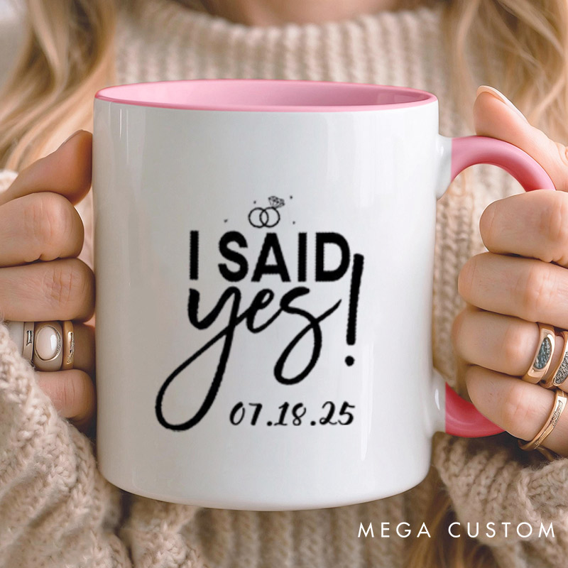 Personalized Elegant I Asked and I Said Yes Engagement Announcement with Rings Engagement Couple Mugs