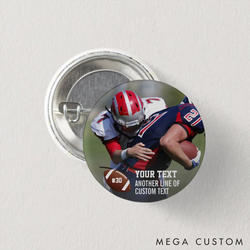 Personalized Action American Football Button Pin with Custom Player's Number,Text and Photo