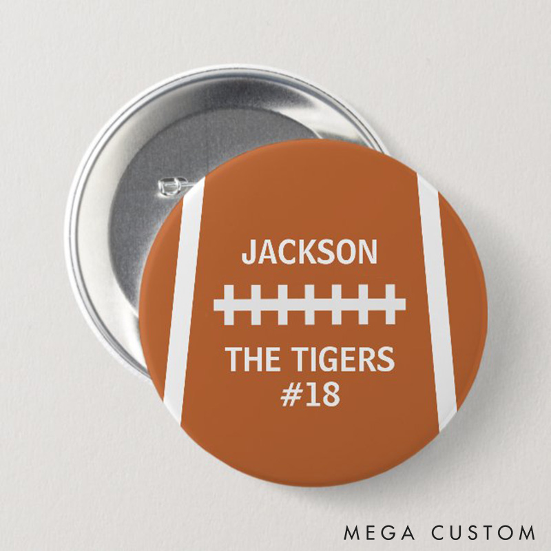 Personalized American Football Button Pin with Custom Your Name, Team Name and Number