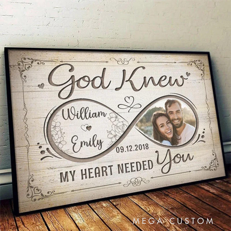 Personalized God Knew My Heart Needed you Framed Canvas Painting with Name Photo and Date Religious Wall Art Gift