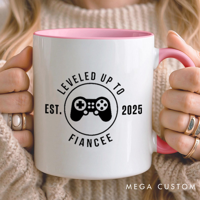 Personalized Leveled Up to Fiancée and Fiancé with Gaming Controller Engagement Couple Mugs