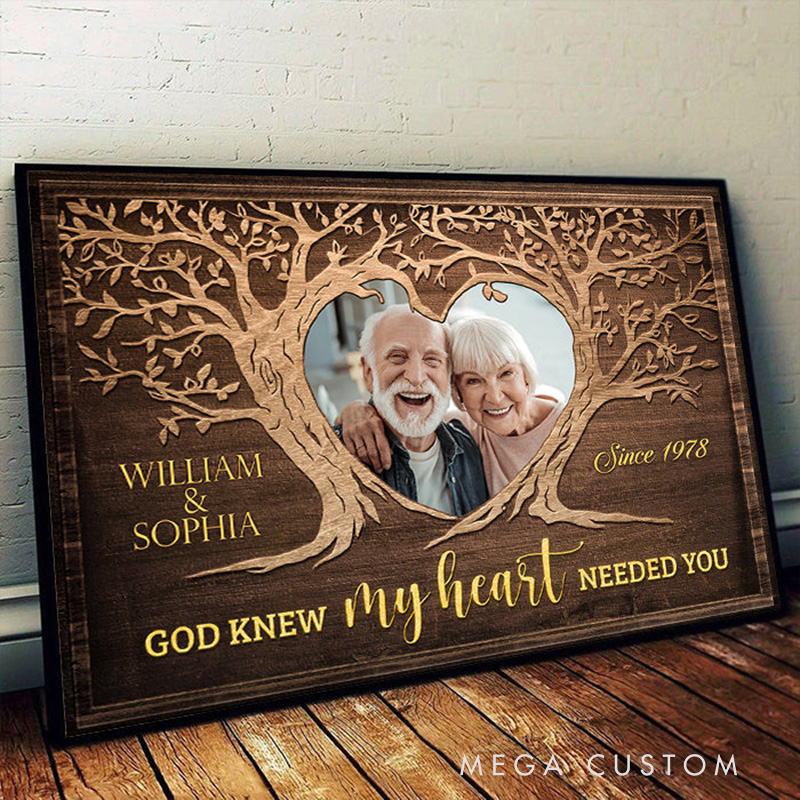 Personalized God Knew My Heart Needed you with Tree Design Framed Canvas Painting with Name and Photo Religious Wall Art Gift