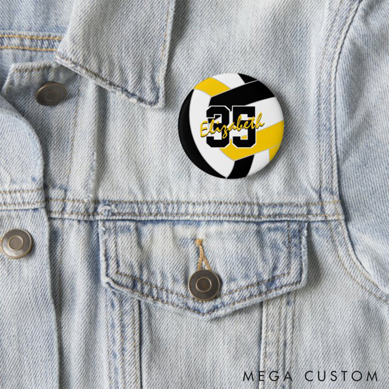 Personalized Volleyball Design Button Pin with Custom Your Name and Number for Fans