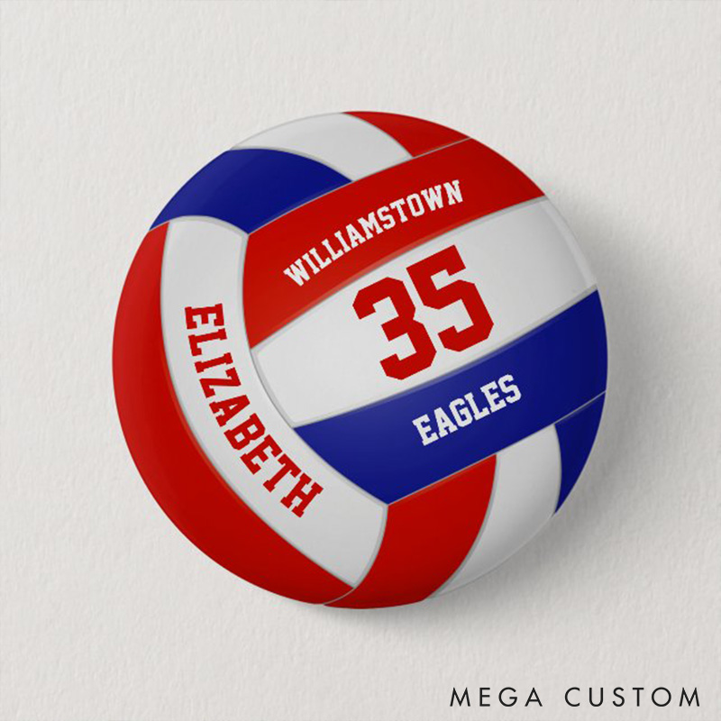 Personalized Team Spirit Volleyball Button Pin with Custom Player Name, Number and Team Name