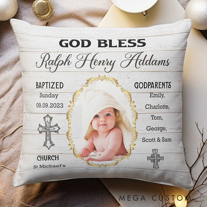 Personalized God Bless Throw Pillow with Name and Photo Religious Gift Baptism Gift for Boys and Girls
