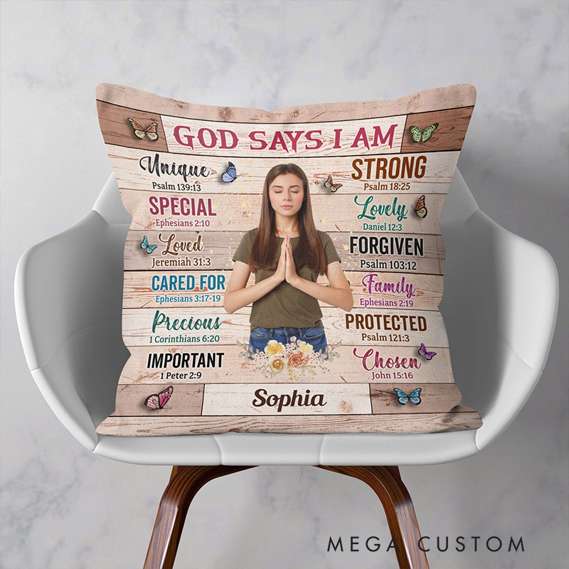 Personalized God Says i am Unique Throw Pillow with Name and Photo Religious Gift Birthday Gift for Women
