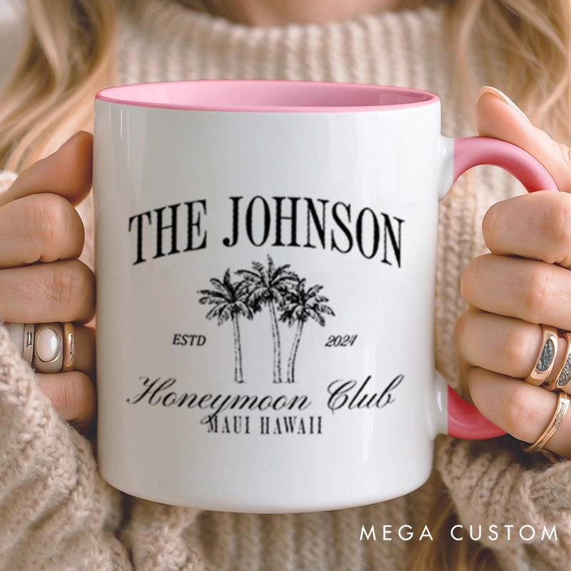 Personalized Classic Honeymoon Club with Palm Trees Matching Honeymoon Couple Mugs