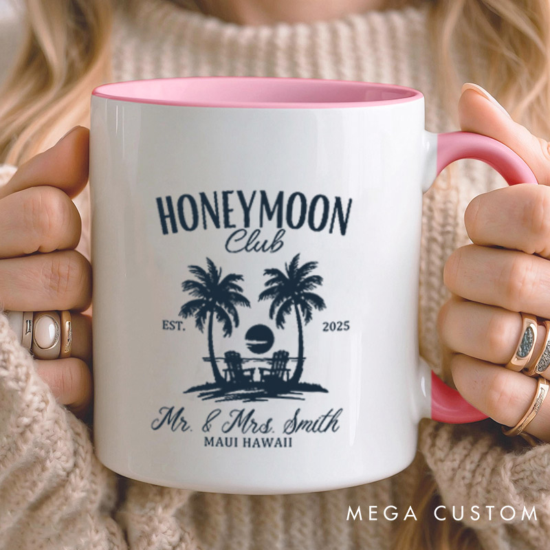 Personalized Vintage Tropical Honeymoon Club with Sunset Matching Honeymoon Couple Mugs