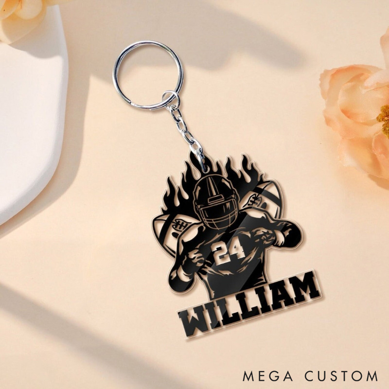 Personalized Fire and Player Design American Football Acrylic Keychain with Custom Number and Name