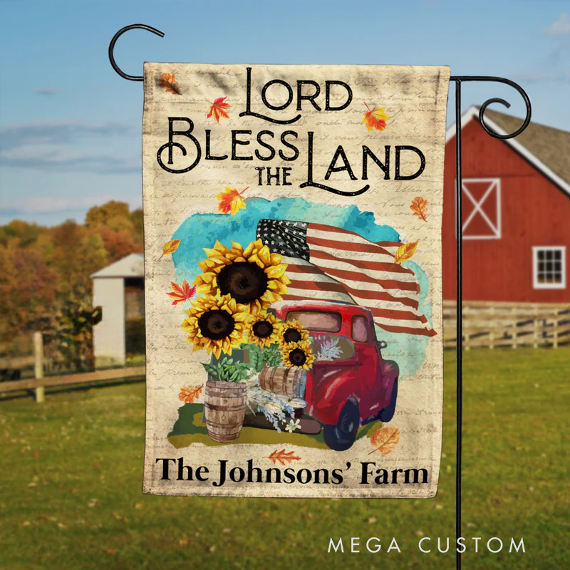 Personalized Farm Truck God Bless the Land Garden Flag with Text Yard Porch Decor Christmas Religious Gift for Family Christian