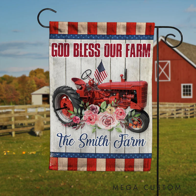 Personalized God Bless Our Farm Tractor Garden Flag with Text Yard Porch Decor Christmas Religious Gift for Family Christian