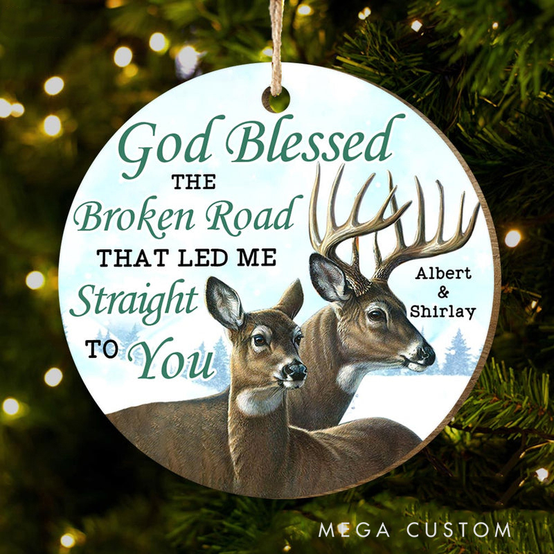 Personalized Couple Deer God Blessed the Broken Road Circle Wooden Ornament with Names Christian Gift for Couple
