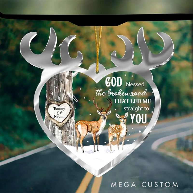Personalized God Blessed the Broken Road Buck and Doe Acrylic Car Ornament with Names Religious Gift Christian Gift for Couple