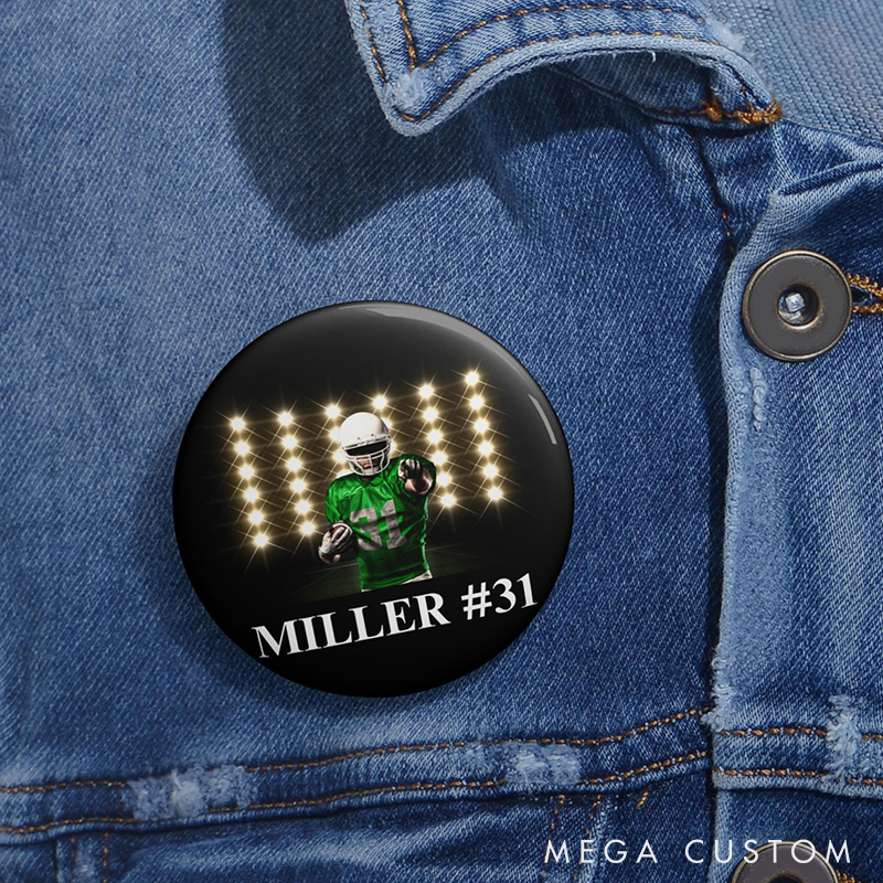 Personalized American Football Design Button Pin with Custom Name and Number for Sport Fans