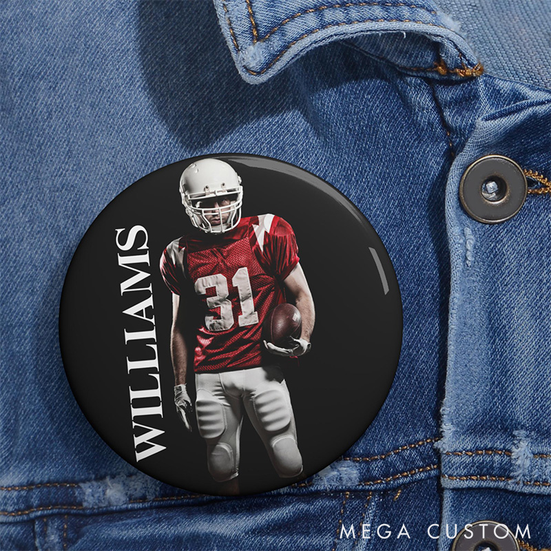 Personalized American Football Design Button Pin with Custom Name and Photo for Sport Fans