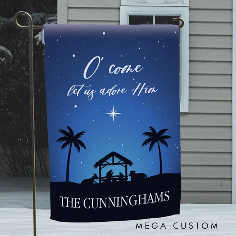 Personalized Come Let Us Adore Him Garden Flag with Text Yard Porch Decor Christmas Religious Gift for Family Christian