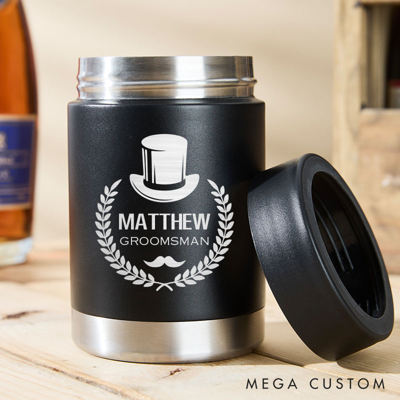 Personalized Groomsmen Can Cooler Engraved Groom Beer Can Holder Wedding Party Can Cooler for Him Men’s Can Cooler