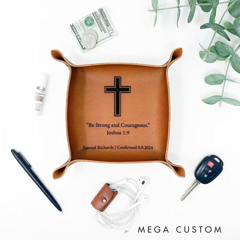 Personalized Joshua 1:9 Leather Tray with Name and Date Accessory Gift for Christian Religious Gift Confirmation Gift