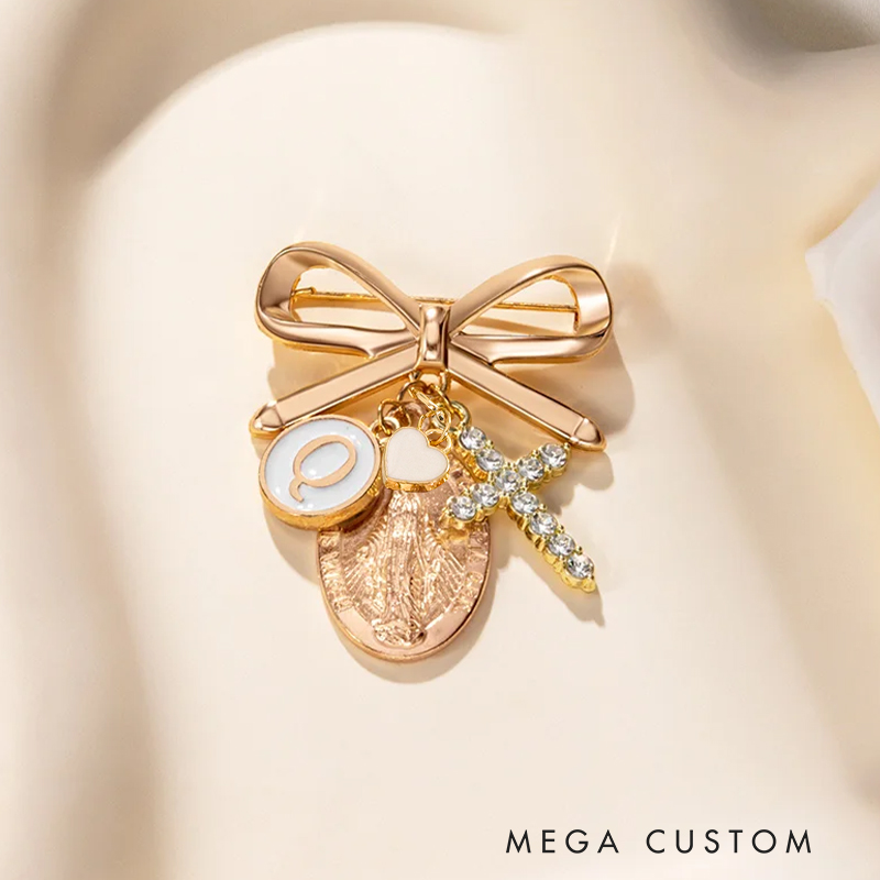 Personalized Virgin Mary Bow Cross Brooch Pin with Initial Christian Baptism Gift for Women Christians Gift Catholic Gift