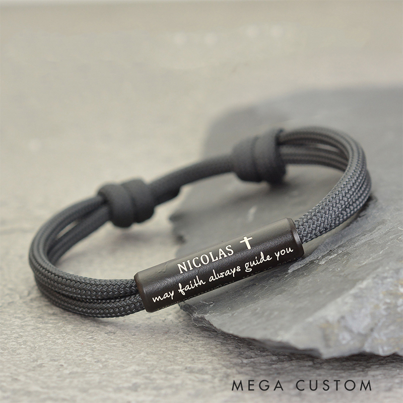 Personalized Cross Sail Rope Bracelet with Name and Date Religious Jewelry First Communion Gift Christian Gift for Men