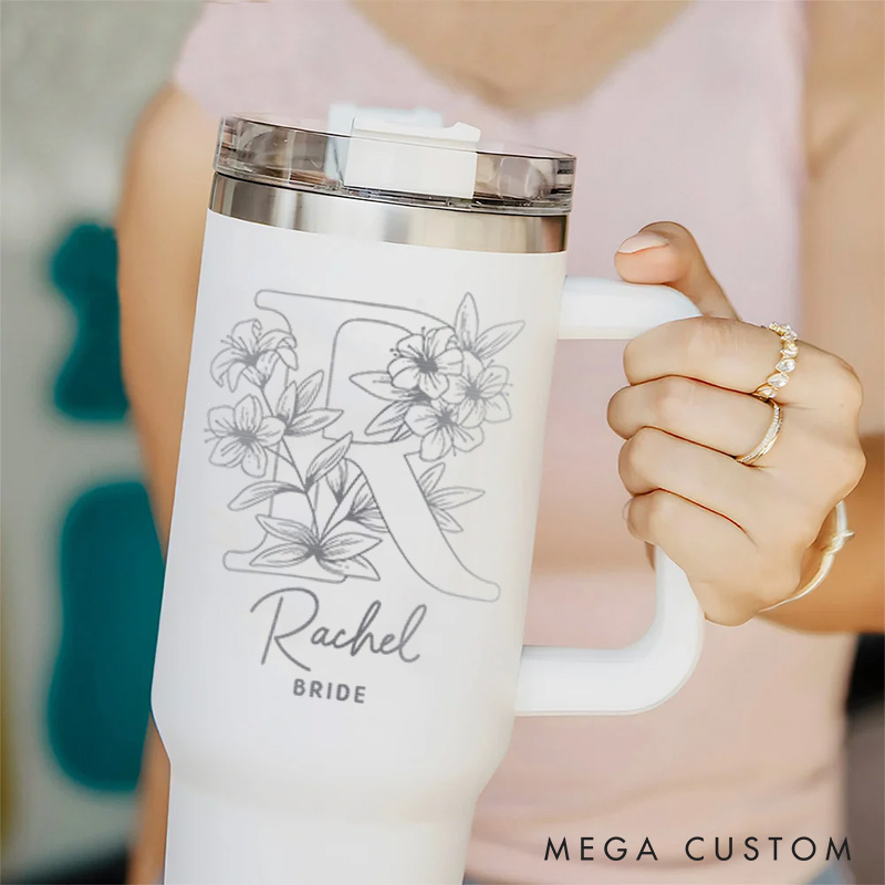 Personalized Bridesmaid Floral Initials 40oz Tumbler Maid of Honor Name Tumbler with Lid and Straw Bride Bachelorette Party Gift Bridal Shower Tumbler