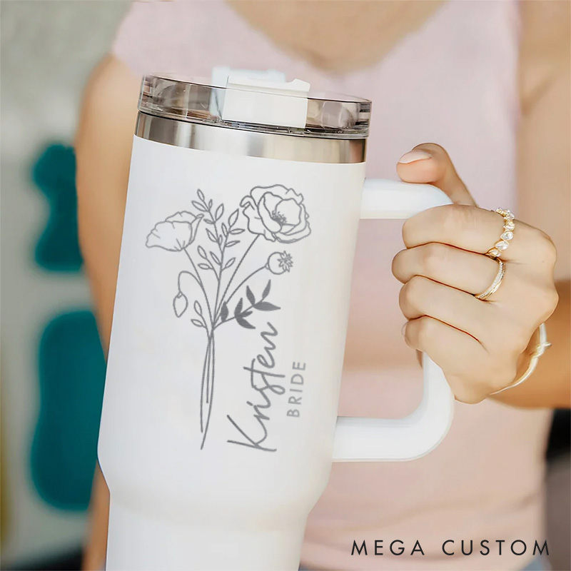 Personalized Bridesmaid Bride Birth Flower 40oz Tumbler Maid of Honor Month Flower Tumbler with Lid and Straw Bachelorette Bridal Shower Party Gift