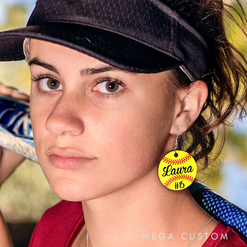 Personalized Round Baseball Softball Wooden Earrings with Name and Number Birthday Anniversary Gift for Sports Lover