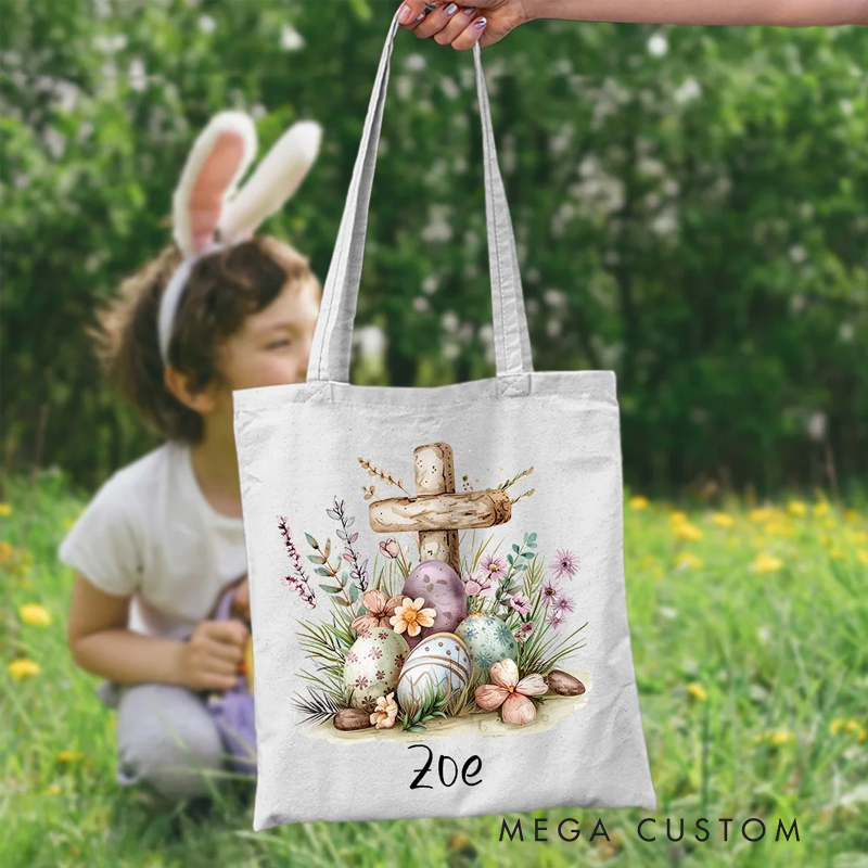Personalized Floral Cross Easter Eggs Reusable Canvas Bag with Name Birthday Easter Party Gift for Christians