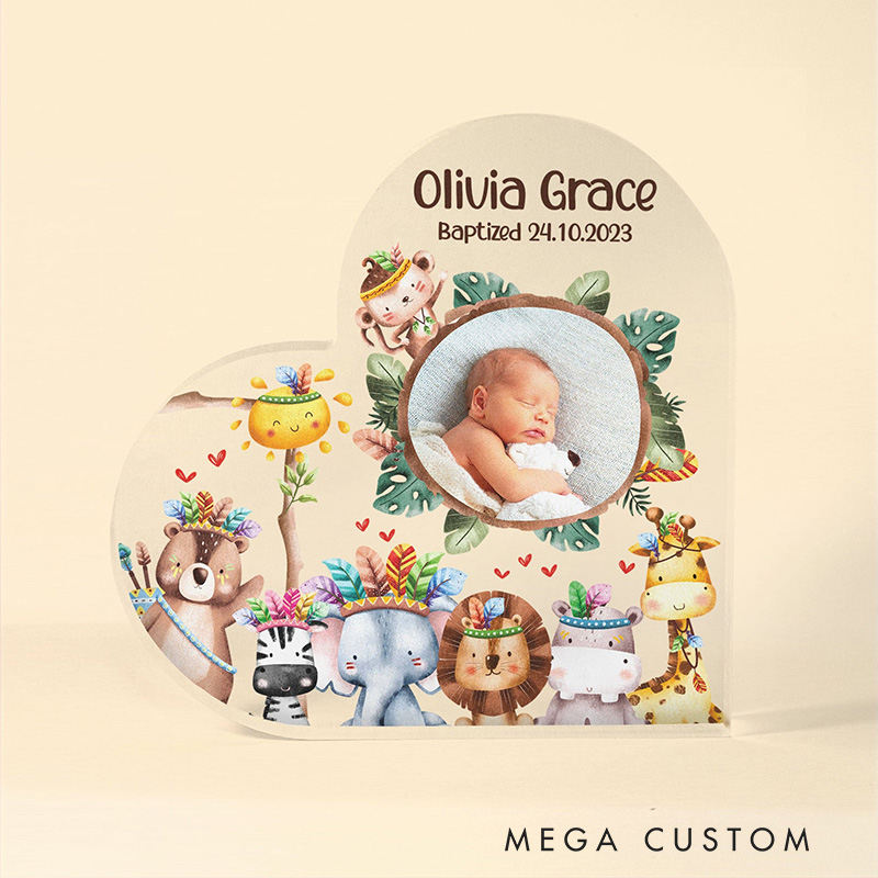 Personalized Cartoon Animals Heart Acrylic Plaque with Name and Text Desk Decor Religious Gift Baptism Gift