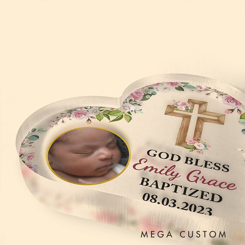 Personalized Cross with Floral Heart Acrylic Plaque with Name and Text Desk Decor Religious Gift Baptism Gift for Girls