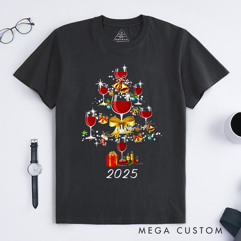 Personalized Wine Glass Christmas Tree with Ornaments and Gifts Christmas T-Shirt