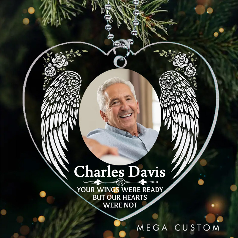 Personalized Heart Shaped Memorial Ornament With Angel Wings Rose Accents Custom Photo Name Your Wings Were Ready Keepsake