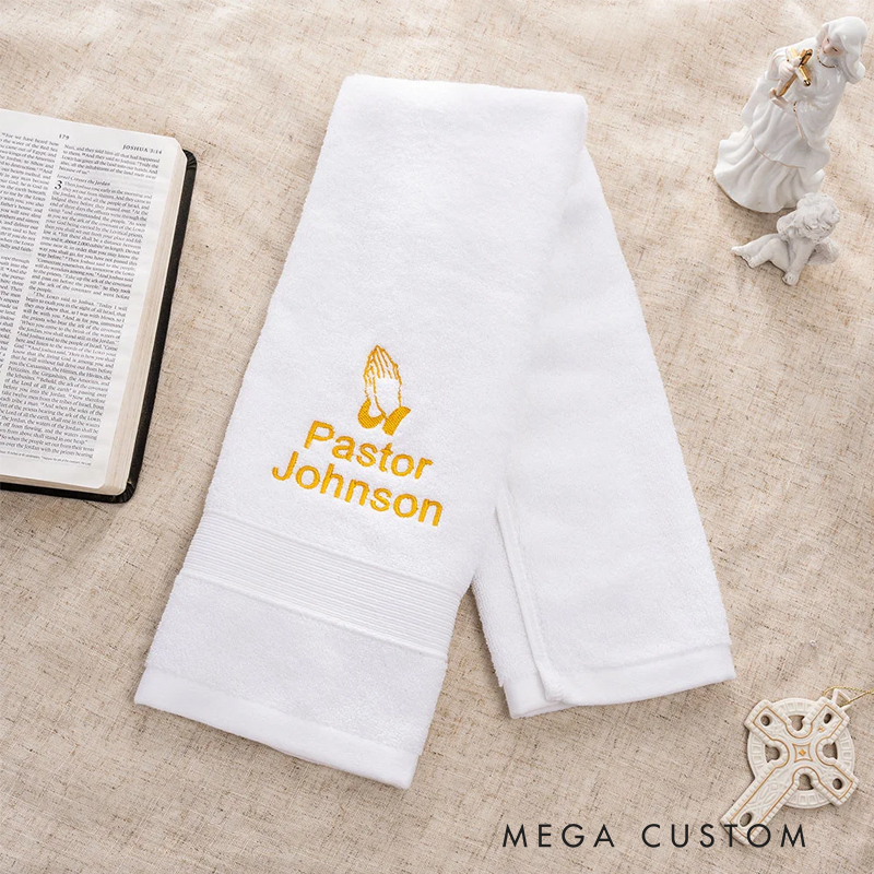 Personalized Praying Hands Pastor Towel with Name Kitchen Bathroom Decor Religious Gift for Family Christian
