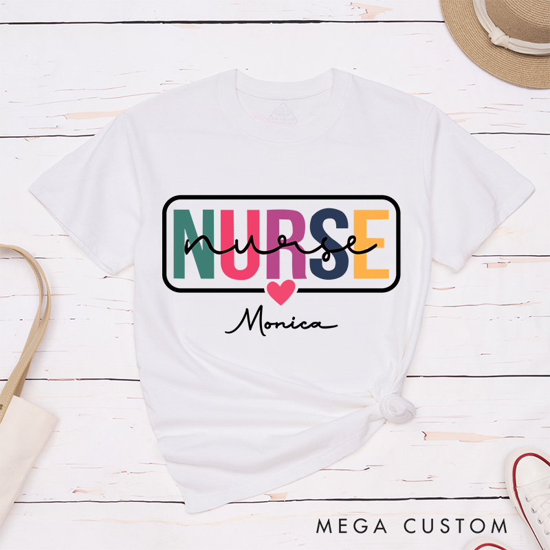 Personalized Nurse T-Shirts Colorful Care Nurse with Heart Fashion Design T-Shirts