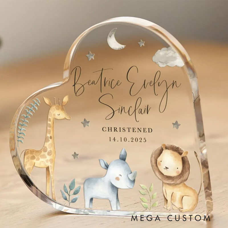 Personalized Cartoon Animals Heart Acrylic Plaque with Name and Date Desk Decor Religious Gift Christening Gift