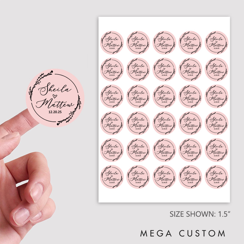 Personalized Couple Wedding Floral Wreath 1.5" Stickers with Name Newlyweds Thank You Stickers Party Favors Label Tags Candle Bridal Shower Favors