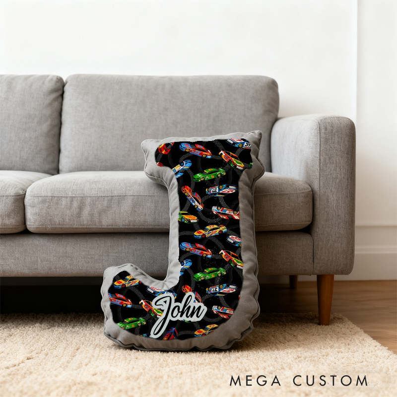 Personalized Race Car Initial Pillow Custom Name Cushion Gift for Car Enthusiasts