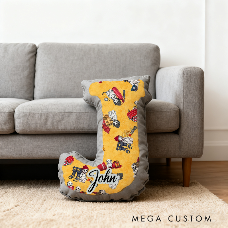 Personalized Firefighter Dalmatian Initial Pillow with Custom Name Gift for Kids and Fire Rescue Fans