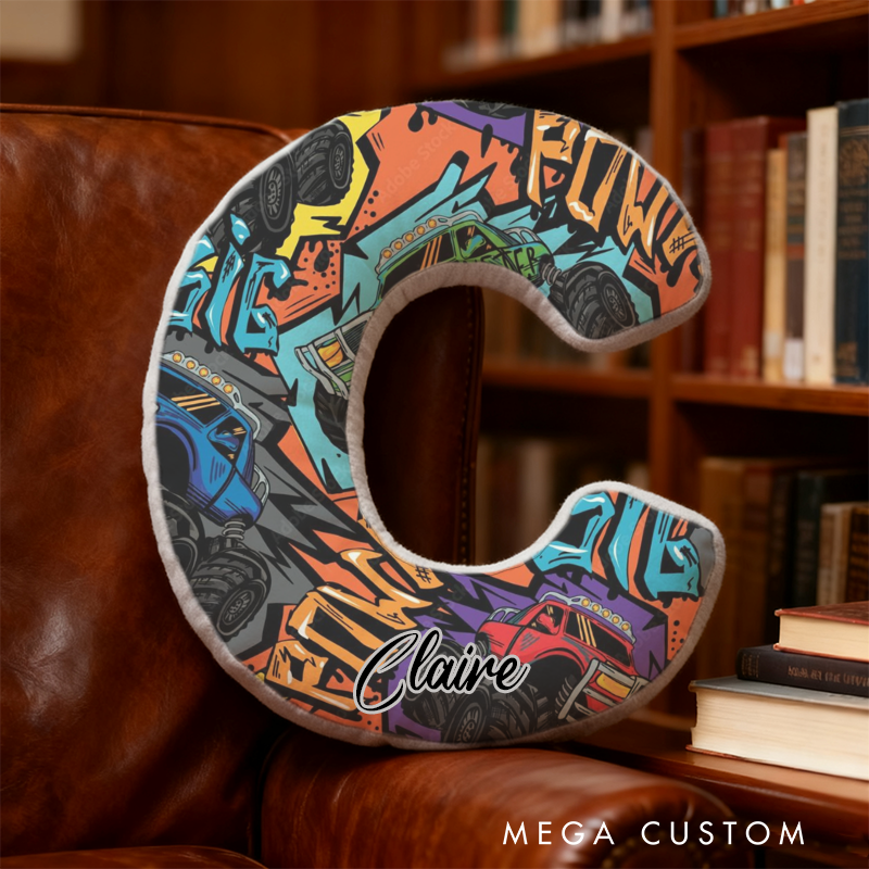 Personalized Graffiti Monster Truck Initial Pillow with Custom Name Gift for Truck Enthusiasts