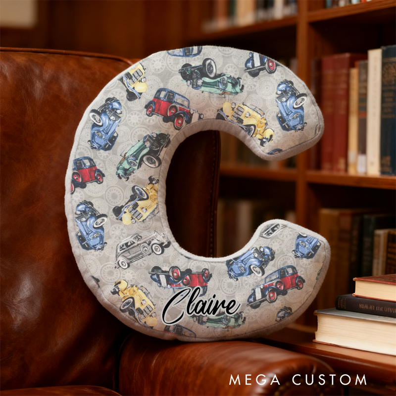 Personalized Vintage Car Initial Pillow with Custom Name Gift for Classic Car Lovers