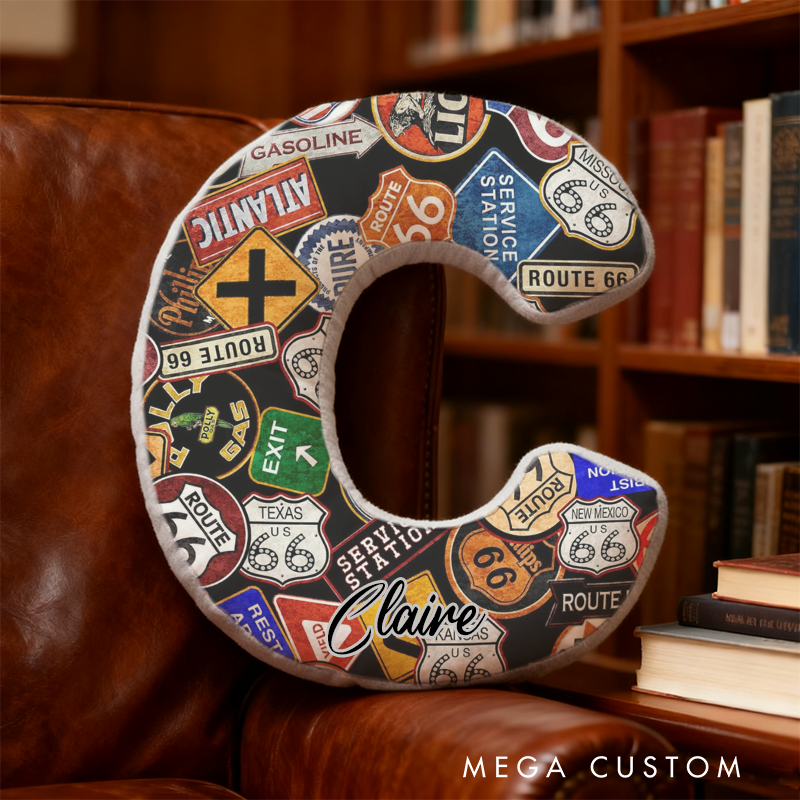 Personalized Route 66 Road Sign Initial Pillow with Custom Name Gift for Travel Enthusiasts