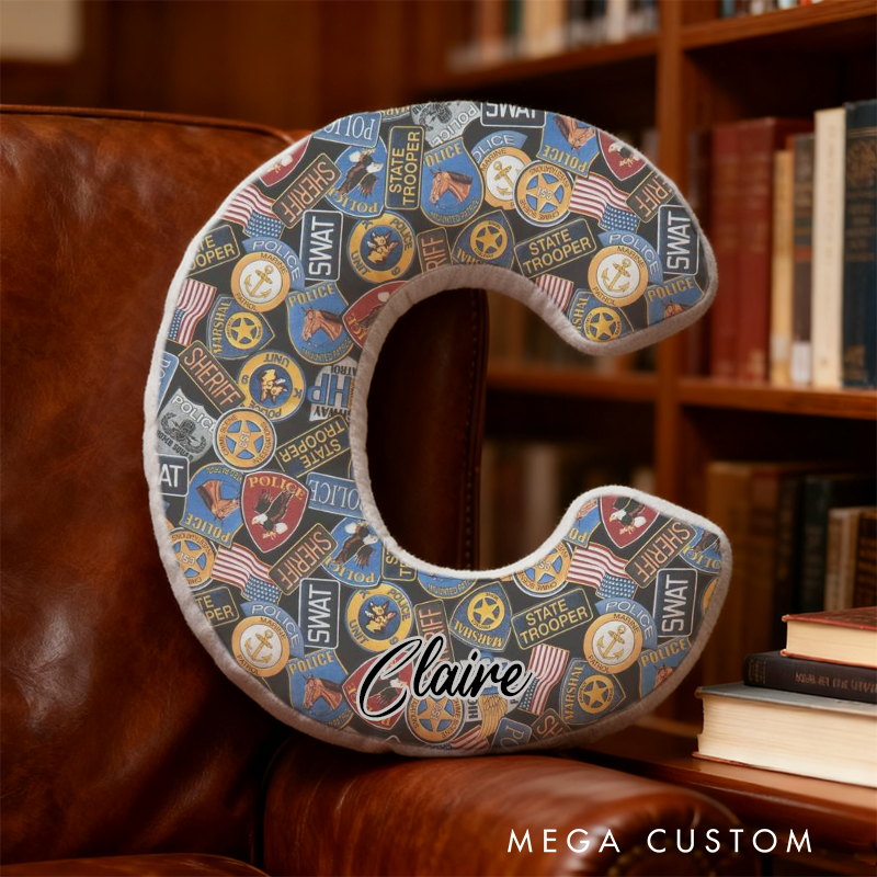 Personalized Law Enforcement Badge Themed Initial Pillow with Custom Name Gift for Police Supporters