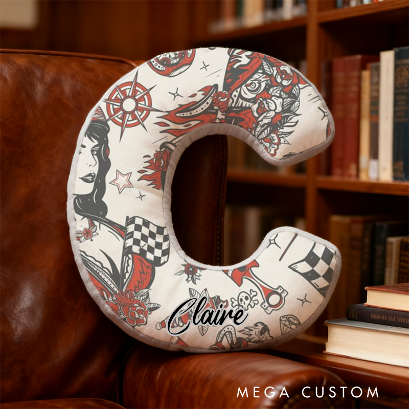 Personalized Racing Tattoo Inspired Initial Pillow with Custom Name Gift for Motorsport Fans