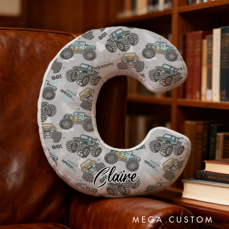 Personalized Monster Truck Racing Initial Pillow with Custom Name Gift for Truck Enthusiasts