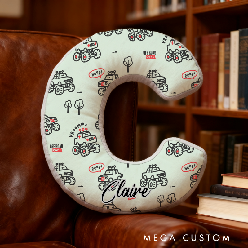 Personalized Cartoon Off Road Monster Truck Initial Pillow with Custom Name Gift for Truck Lover Kidss
