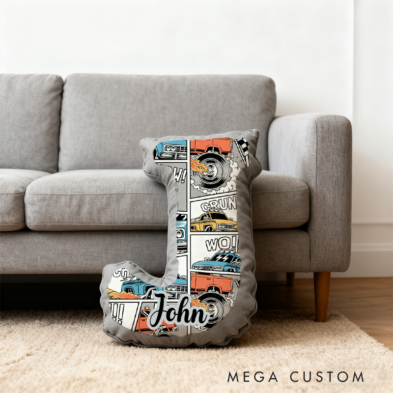 Personalized Monster Truck Letter Shaped Pillow Custom Name Design Car Enthusiasts and Motorsport Fans Gift