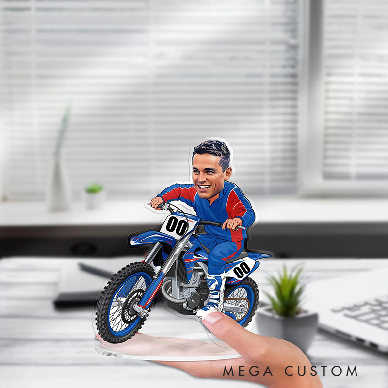Personalized Motocross Biker Figurine Caricature Portrait Desk Name Plate Acrylic Motorcycle Dirt Bike Plaque Office Decor Gifts